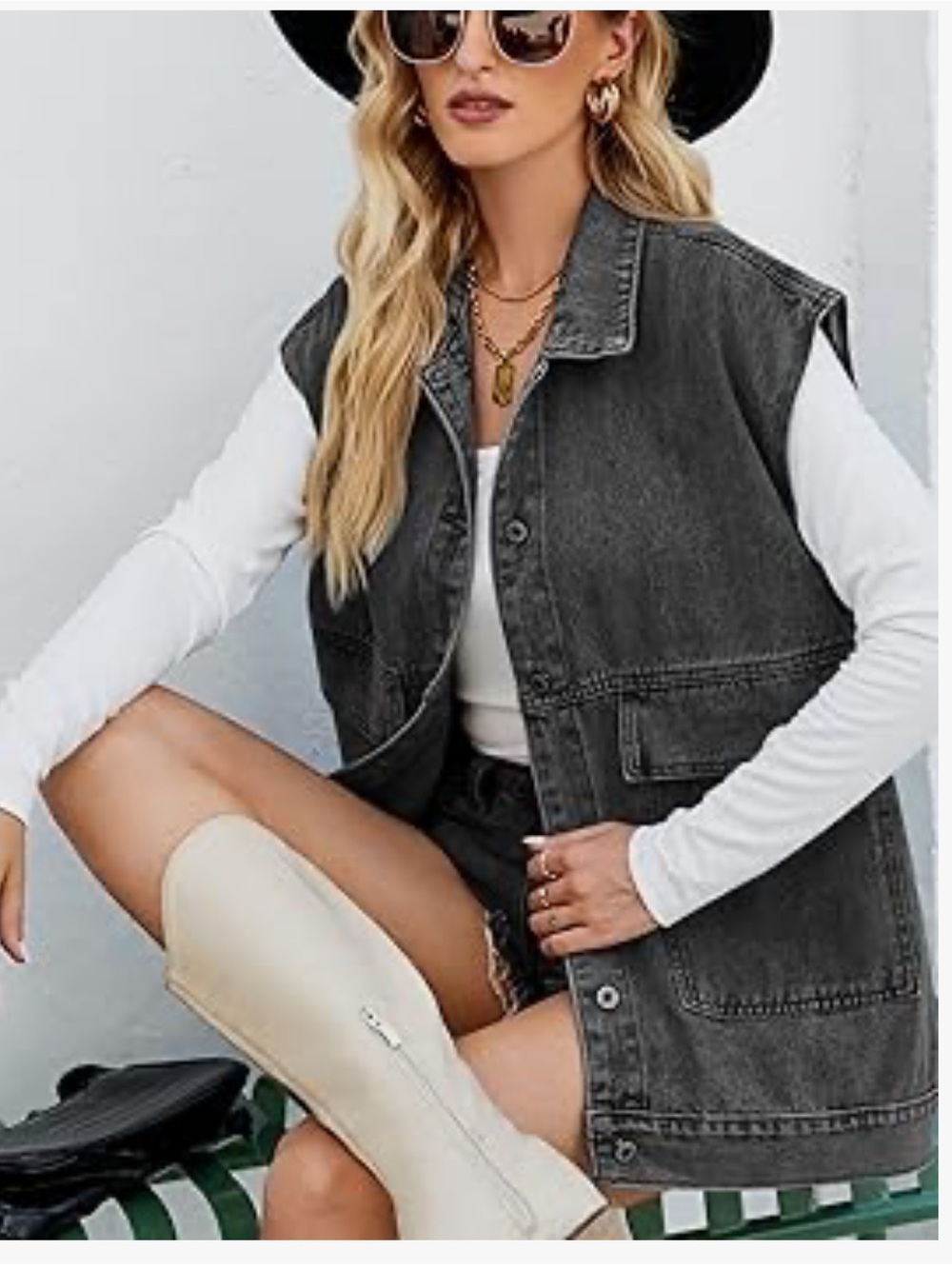 Washed Black Denim Vest Jean blazer women button front - Picture 7 of 8